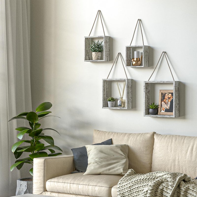 J JACKCUBE DESIGN Floating Hanging Square Shelves Wall Mounted Rustic Wood Cube Display Shelf Shadow Boxes Decorative Boho Home DÃ©cor for Living Room, Bedroom, Office, Set of 4 (White) - MK571C - Image 3